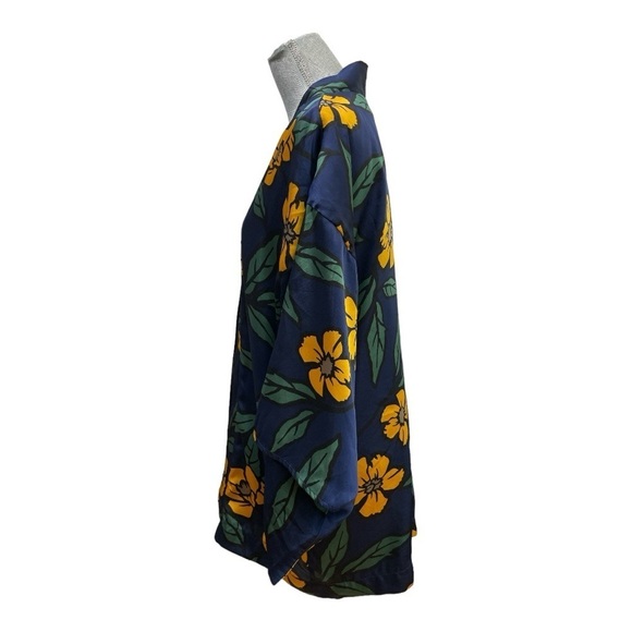 Forever 21 Cardigan Kimono Satin-like Lined Open Front Navy/Mustard Floral Sz: M - Picture 5 of 12